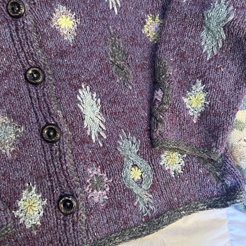 Sigrid Olsen Purple Knit V-Neck Button Front Cardigan with Multicolor Embroidery - Picture 2 of 8